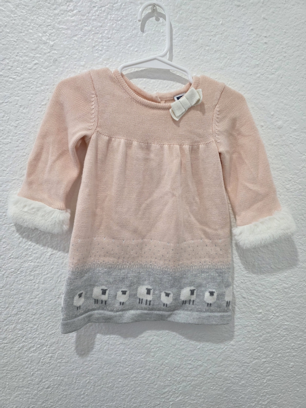 Janie and Jack Pink Knit Dress with Gray Sheep Border